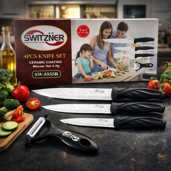 Комплект ножове Switzner от 4 части с керамично покритие и ергономични силиконови дръжки – Стил и прецизност в кухнята