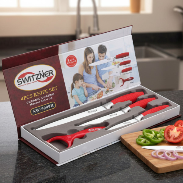 Комплект ножове Switzner от 4 части с керамично покритие и ергономични силиконови дръжки – Стил и прецизност в кухнята