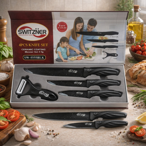 Комплект ножове Switzner от 4 части с керамично покритие и ергономични силиконови дръжки – Стил и прецизност в кухнята