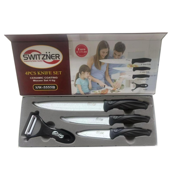 Комплект ножове Switzner от 4 части с керамично покритие и ергономични силиконови дръжки – Стил и прецизност в кухнята