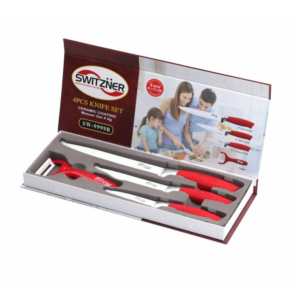 Комплект ножове Switzner от 4 части с керамично покритие и ергономични силиконови дръжки – Стил и прецизност в кухнята