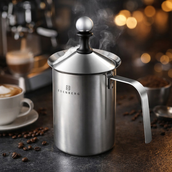 Ръчен уред за разпенване на мляко Edenberg, неръждаема стомана, мерителна скала, 400мл / 800мл