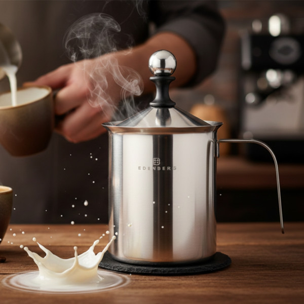 Ръчен уред за разпенване на мляко Edenberg, неръждаема стомана, мерителна скала, 400мл / 800мл