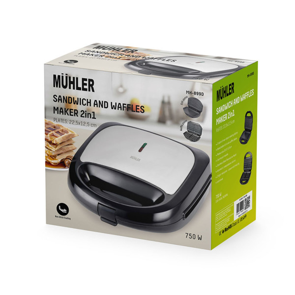 Уред за сандвичи и гофрети 2в1 Muhler MH-899D, грил плочa/ белгийска гофрета 17