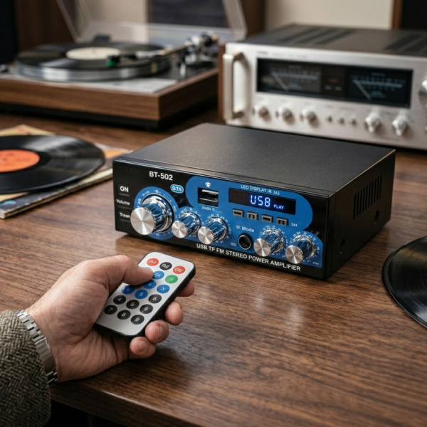 Аудио усилвател с МР3 плейър, LCD дисплей и дистанционно управление – 30W+30W 1