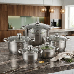 Комплект тенджери от неръждаема стомана, 10 части, Индукция, Многослойно дъно, Капаци от закалено стъкло