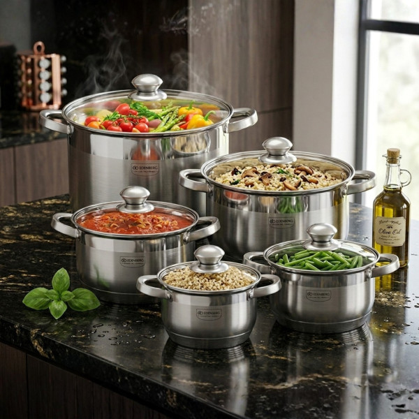 Комплект тенджери от неръждаема стомана, 10 части, Индукция, Многослойно дъно, Капаци от закалено стъкло