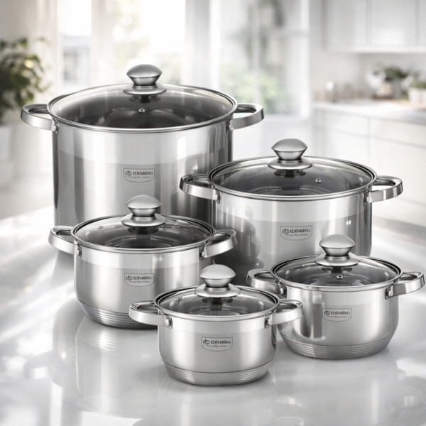 Комплект тенджери от неръждаема стомана, 10 части, Индукция, Многослойно дъно, Капаци от закалено стъкло