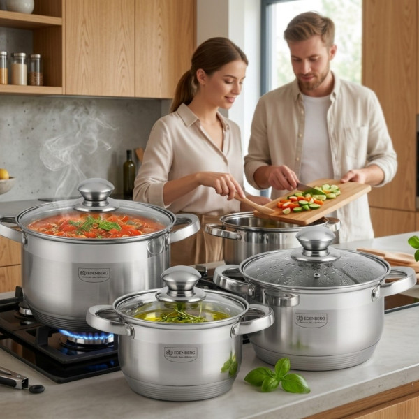 Комплект тенджери от неръждаема стомана, 10 части, Индукция, Многослойно дъно, Капаци от закалено стъкло 4