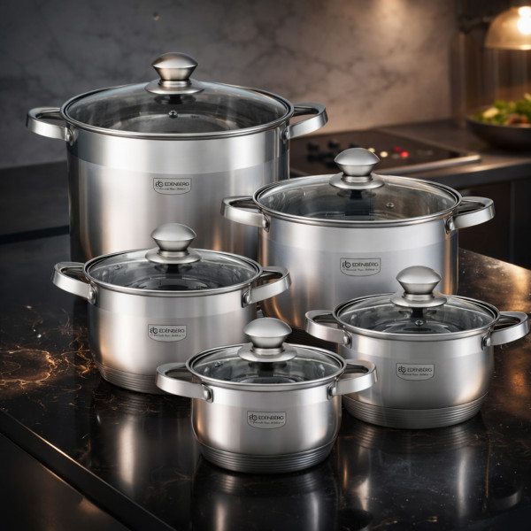 Комплект тенджери от неръждаема стомана, 10 части, Индукция, Многослойно дъно, Капаци от закалено стъкло