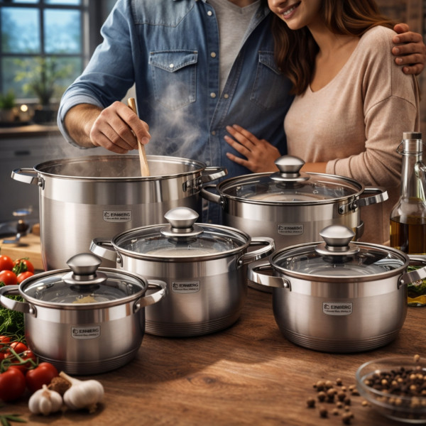 Комплект тенджери от неръждаема стомана, 10 части, Индукция, Многослойно дъно, Капаци от закалено стъкло