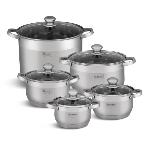 Комплект тенджери от неръждаема стомана, 10 части, Индукция, Многослойно дъно, Капаци от закалено стъкло