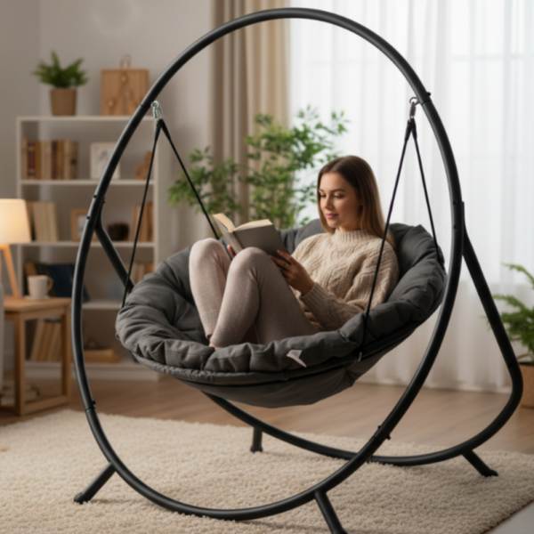 Висящ стол PATIO с тъмносива  възглавница и сива рамка - стилен акцент за всеки дом и градина