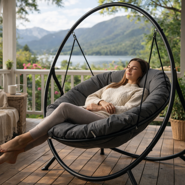 Висящ стол PATIO с тъмносива  възглавница и сива рамка - стилен акцент за всеки дом и градина