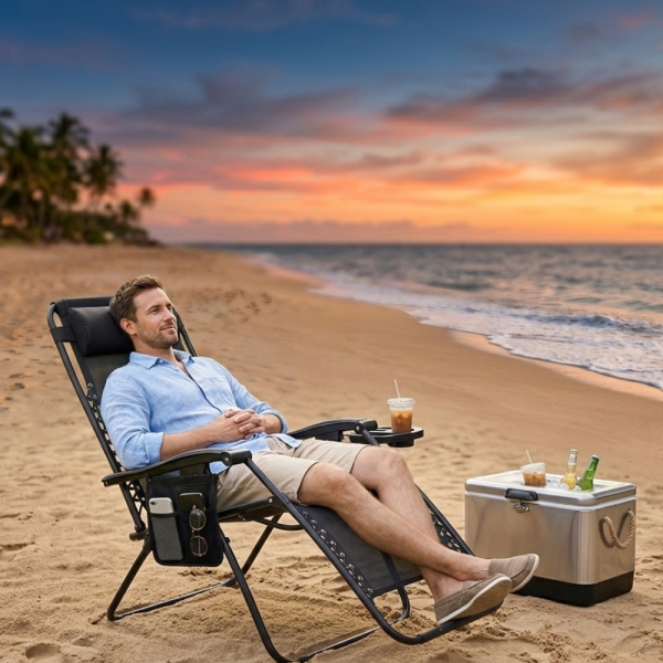 Сгъваем градински шезлонг с възглавница, поставка за напитки и джоб 1