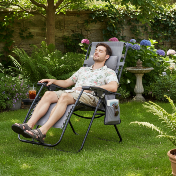 Сгъваем градински шезлонг със стойка, джоб и възглавница - мобилна зона за комфорт