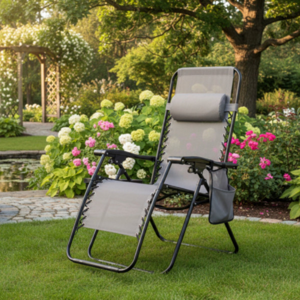 Сгъваем градински шезлонг със стойка, джоб и възглавница - мобилна зона за комфорт