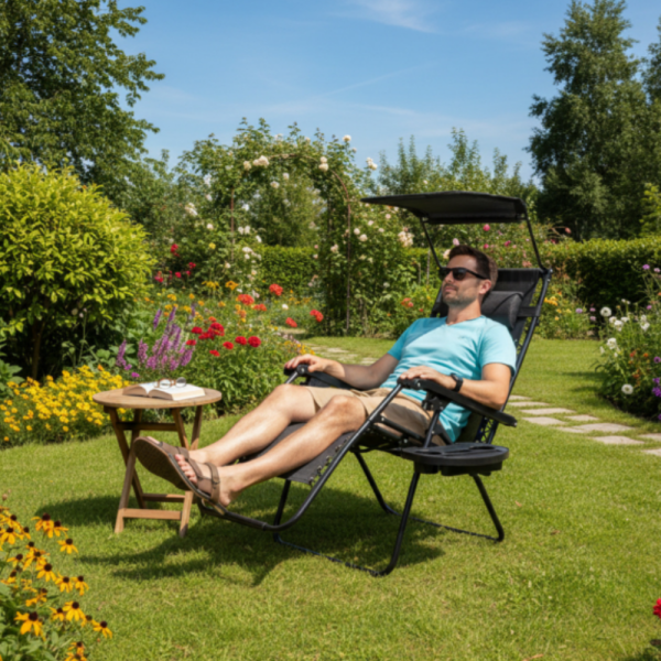 Сгъваем градински шезлонг с поставка, джоб, възглавница и сенник - комфорт, функционалност и слънцезащита