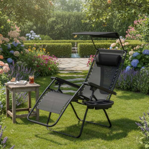 Сгъваем градински шезлонг с поставка, джоб, възглавница и сенник - комфорт, функционалност и слънцезащита