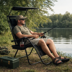 Сгъваем градински шезлонг с поставка, джоб, възглавница и сенник - комфорт, функционалност и слънцезащита