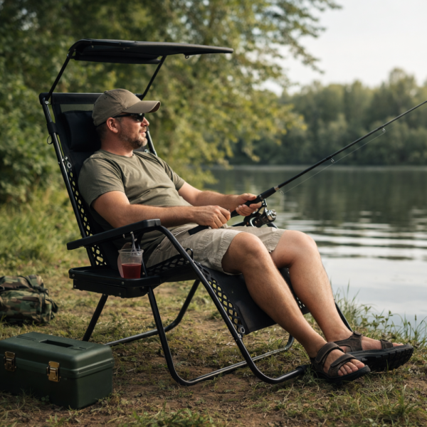 Сгъваем градински шезлонг с поставка, джоб, възглавница и сенник - комфорт, функционалност и слънцезащита 1