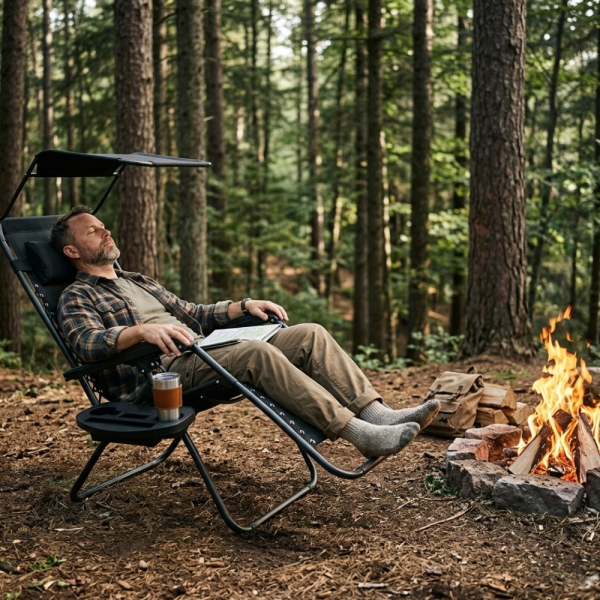 Сгъваем градински шезлонг с поставка, джоб, възглавница и сенник - комфорт, функционалност и слънцезащита