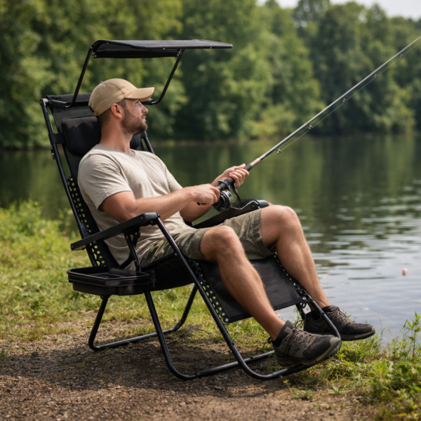 Сгъваем градински шезлонг с поставка, джоб, възглавница и сенник - комфорт, функционалност и слънцезащита