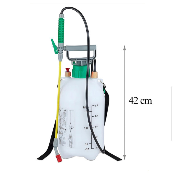 Ръчна градинска пръскачка под налягане 5L, 3 Bar – С регулируема дюза, предпазен клапан и презрамка (42 см)