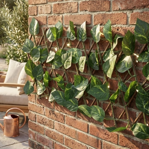 Разтегателна декоративна решетка с изкуствени листа, 290x60 см – Реалистичен параван за балкон, тераса и градина, UV защита