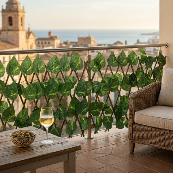 Разтегателна декоративна решетка с изкуствени листа, 290x60 см – Реалистичен параван за балкон, тераса и градина, UV защита