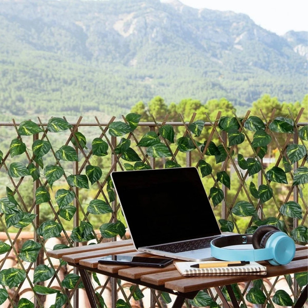 Разтегателна декоративна решетка с изкуствени листа, 290x60 см – Реалистичен параван за балкон, тераса и градина, UV защита