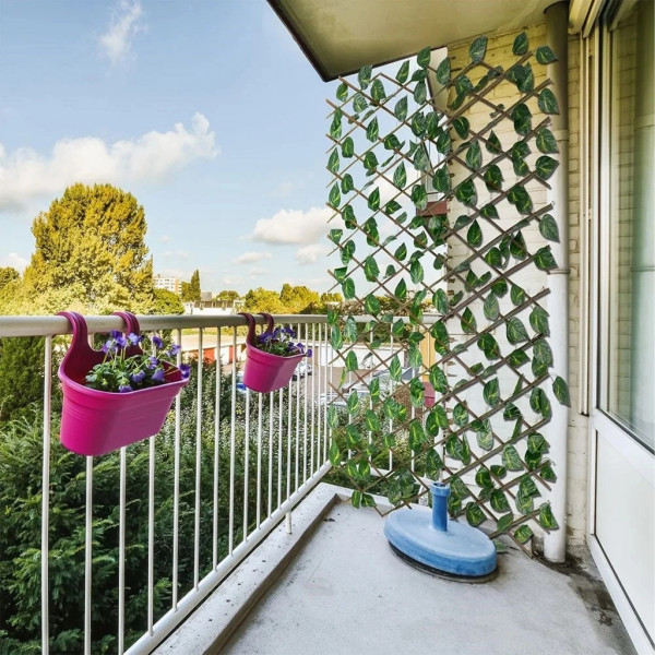 Разтегателна декоративна решетка с изкуствени листа, 290x60 см – Реалистичен параван за балкон, тераса и градина, UV защита