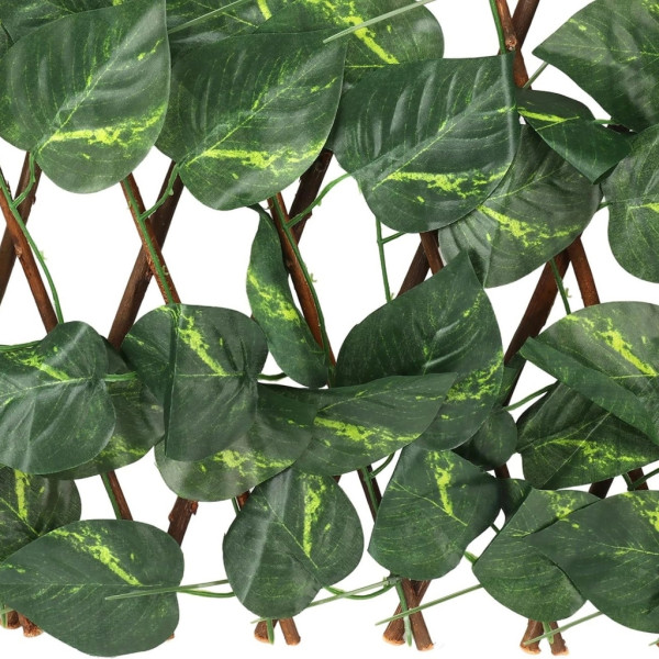 Разтегателна декоративна решетка с изкуствени листа, 290x60 см – Реалистичен параван за балкон, тераса и градина, UV защита