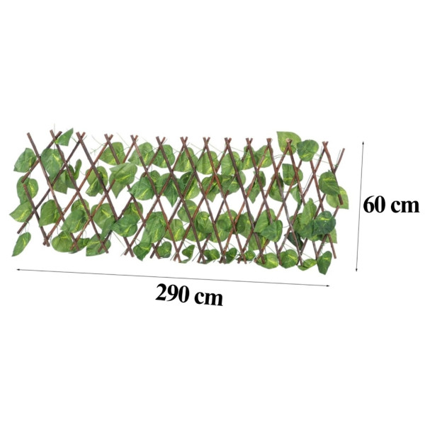 Разтегателна декоративна решетка с изкуствени листа, 290x60 см – Реалистичен параван за балкон, тераса и градина, UV защита