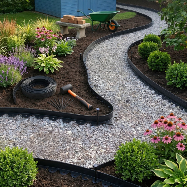 Комплект гъвкав градински бордюр 20м с 60 фиксиращи щифта, Височина 4см, Черен – За тревни площи, алеи и цветни лехи 1