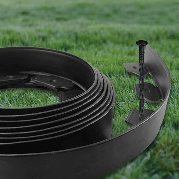 Комплект гъвкав градински бордюр 20м с 60 фиксиращи щифта, Височина 4см, Черен – За тревни площи, алеи и цветни лехи