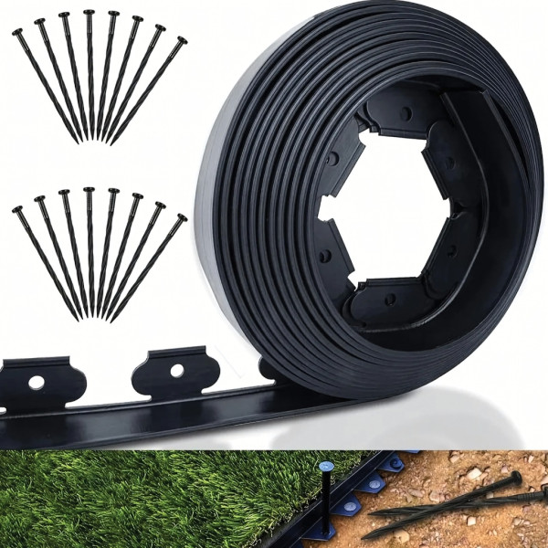 Комплект гъвкав градински бордюр 20м с 60 фиксиращи щифта, Височина 4см, Черен – За тревни площи, алеи и цветни лехи 9