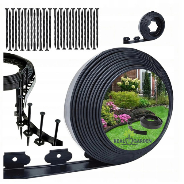 Комплект гъвкав градински бордюр 20м с 60 фиксиращи щифта, Височина 4см, Черен – За тревни площи, алеи и цветни лехи