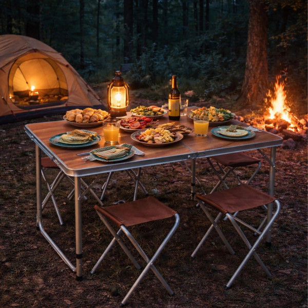 Комплект сгъваема къмпинг маса с 4 стола, Регулируема височина, Дизайн "куфар"