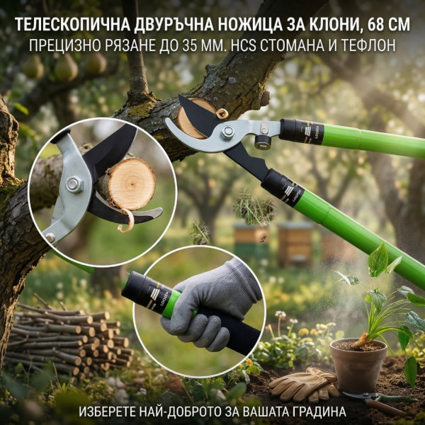 Професионална телескопична градинска ножица за клони, 68 см, HCS стомана с тефлоново покритие, до 35 мм рязане 3
