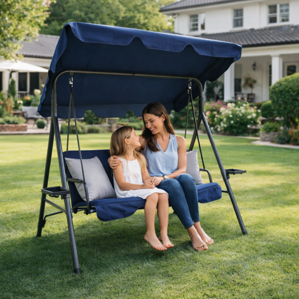 Градинска люлка A-Type със сиви възглавници и поставки за чаши - елегантност и комфорт 3