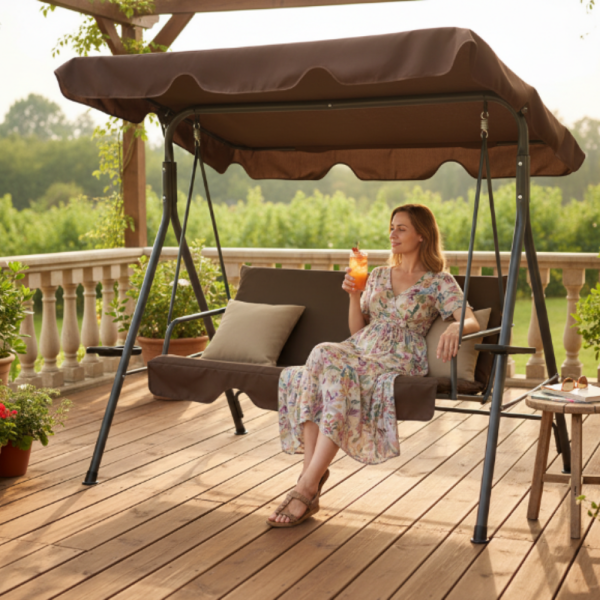 Градинска люлка A-Type с бежови възглавници и поставки за напитки - елегантност и комфорт 6