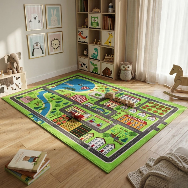 Детски килим за игра 120х160см - Зелен килим с голям град и езеро, Противоплъзгащ и миещ се 3