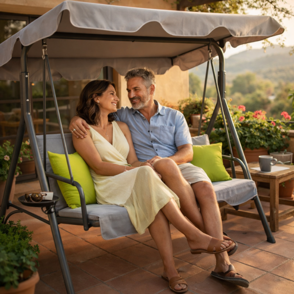 Градинска люлка A-Type със зелени възглавници и поставки за напитки - елегантност и комфорт