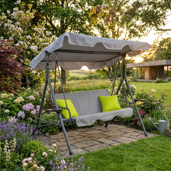 Градинска люлка A-Type със зелени възглавници и поставки за напитки - елегантност и комфорт