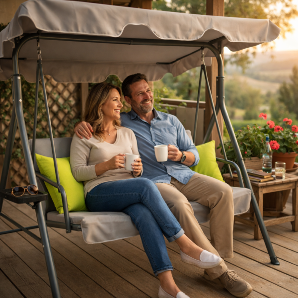 Градинска люлка A-Type със зелени възглавници и поставки за напитки - елегантност и комфорт 3