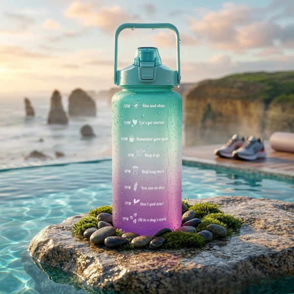 Голяма спортна бутилка за вода 2L, Без BPA, с мотивационни надписи и вградена сламка – Идеална за фитнес и офис 1