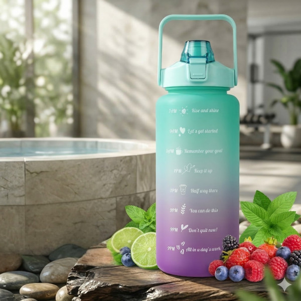 Голяма спортна бутилка за вода 2L, Без BPA, с мотивационни надписи и вградена сламка – Идеална за фитнес и офис