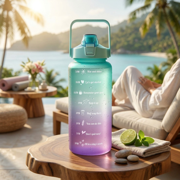 Голяма спортна бутилка за вода 2L, Без BPA, с мотивационни надписи и вградена сламка – Идеална за фитнес и офис