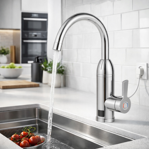 Електрически хромиран смесител с моментално загряване на водата и LCD екран - винаги топла вода